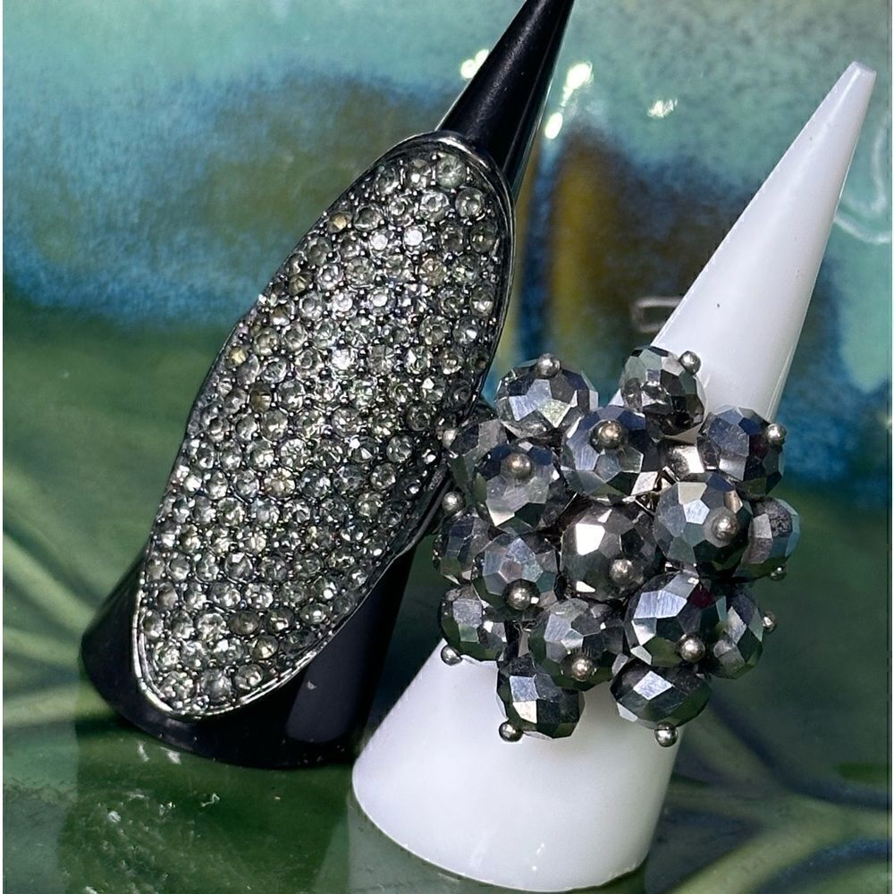 Two Adjustable Cocktail Rings Marcasite & Hematite